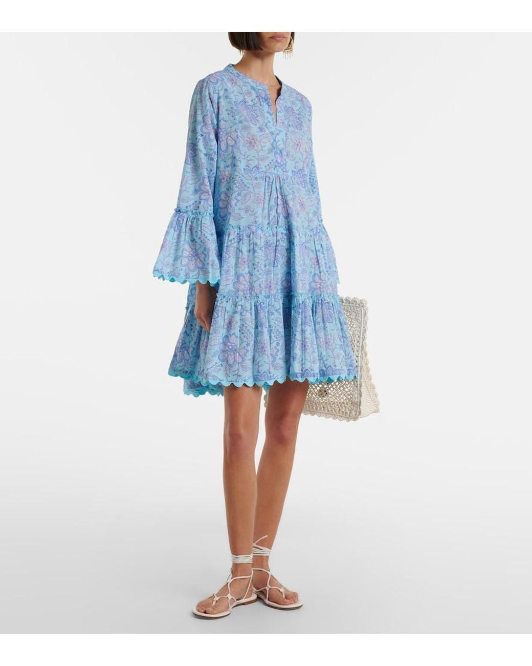 Juliet Dunn Blue Floral Scalloped Cotton Minidress
