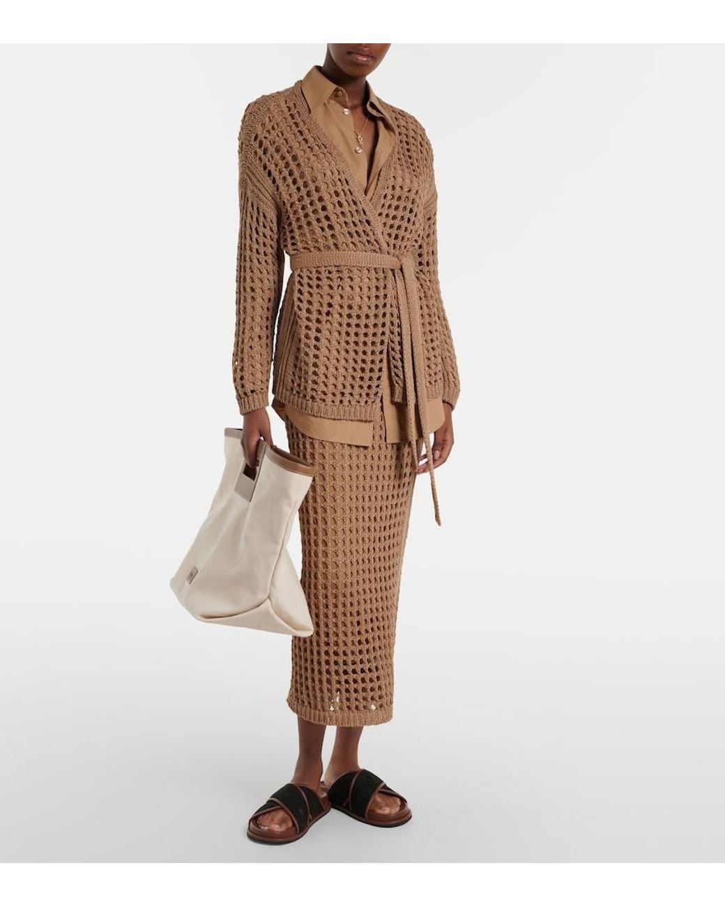 Max Mara Brown Geode Open-Knit Cotton Midi Skirt