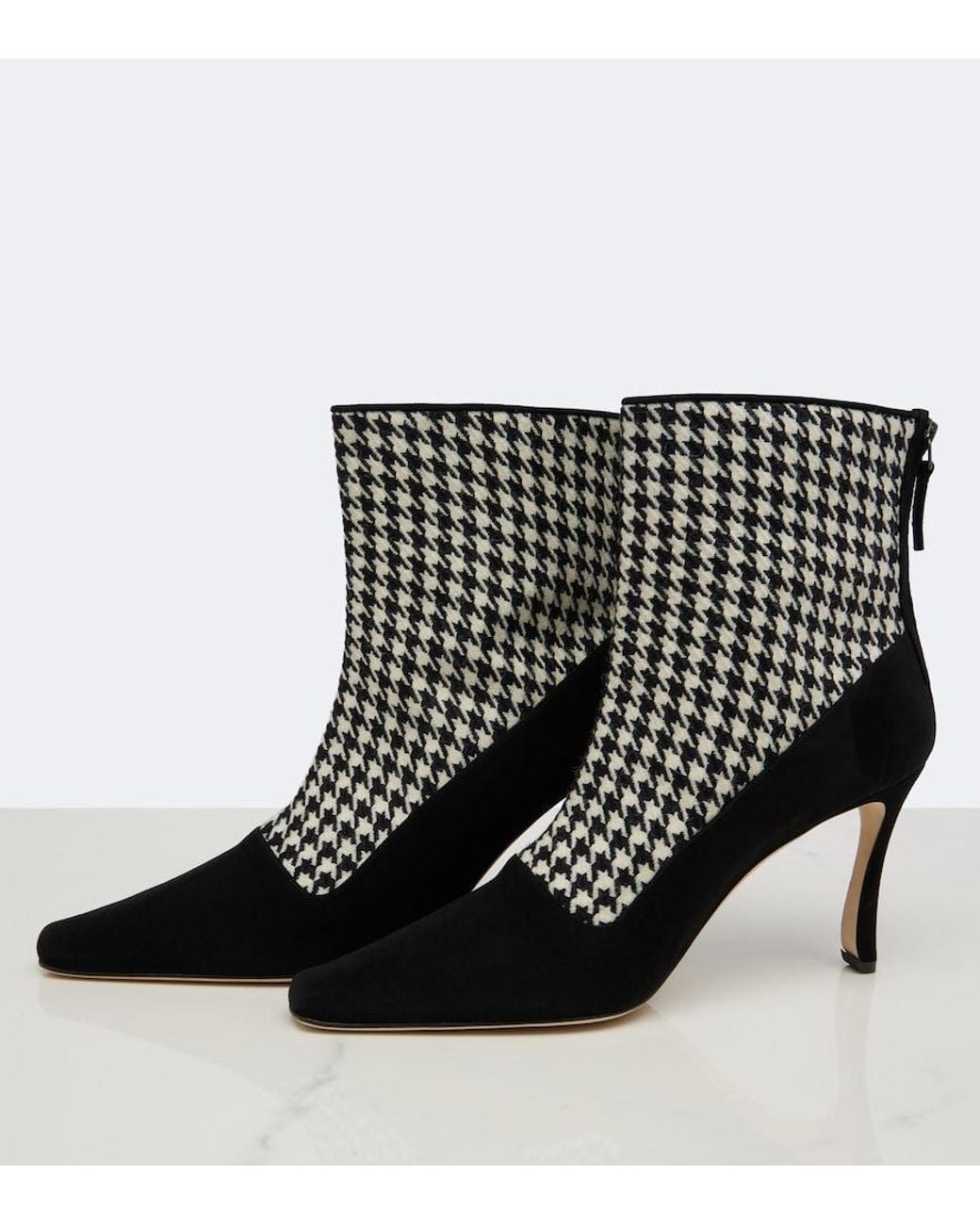Manolo Blahnik Black Gosta Houndstooth Suede-Trimmed Ankle Boots