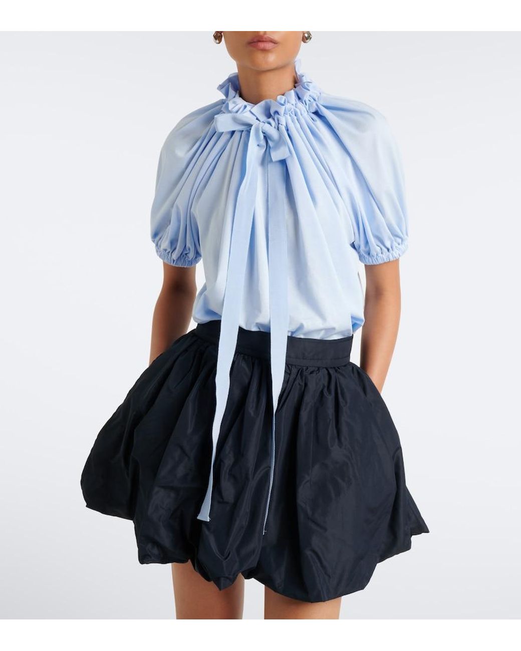 Patou Blue Bow-Detail Gathered Cotton Jersey Top