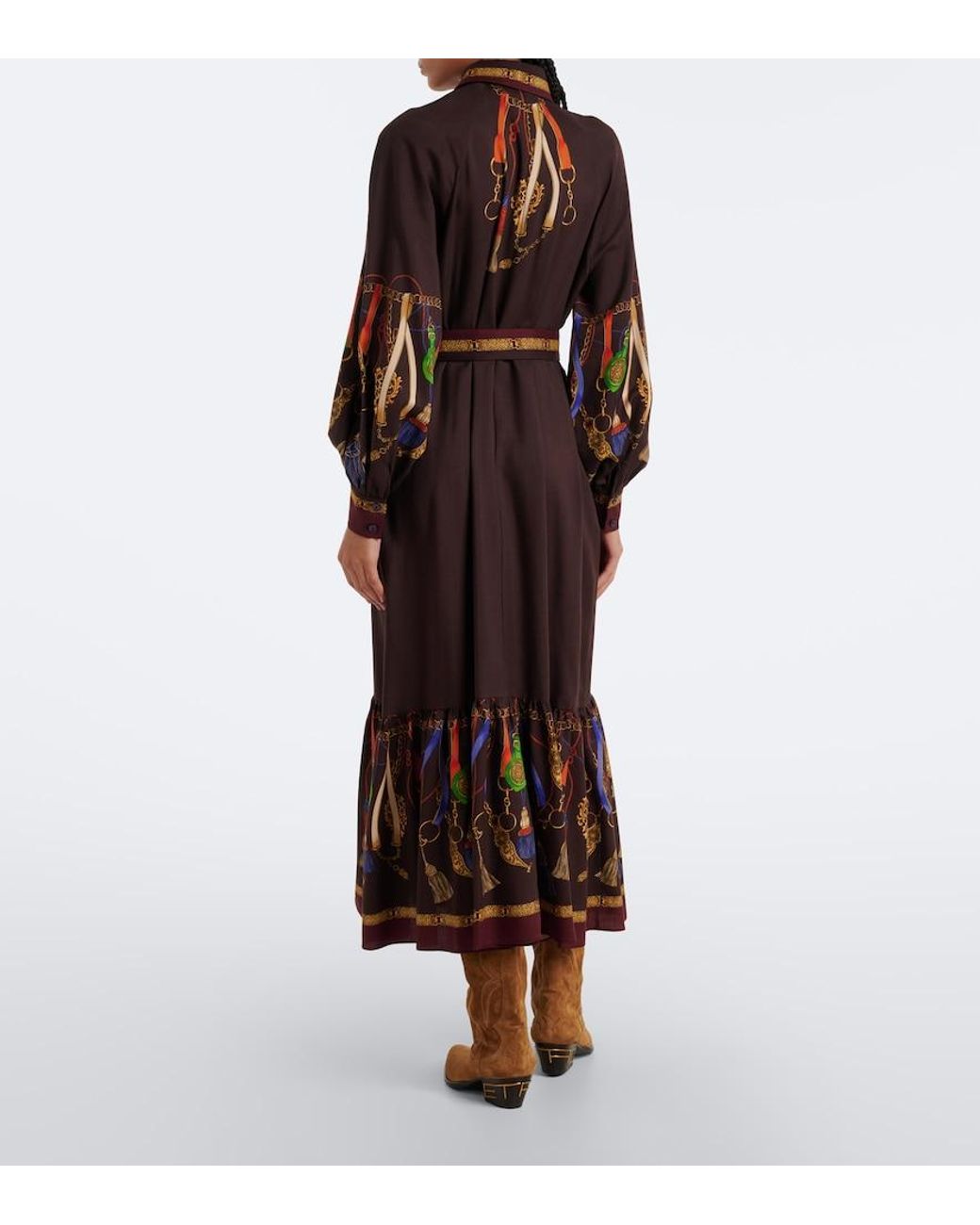 Etro Brown Printed Wool And Silk Twill Shirt Dress