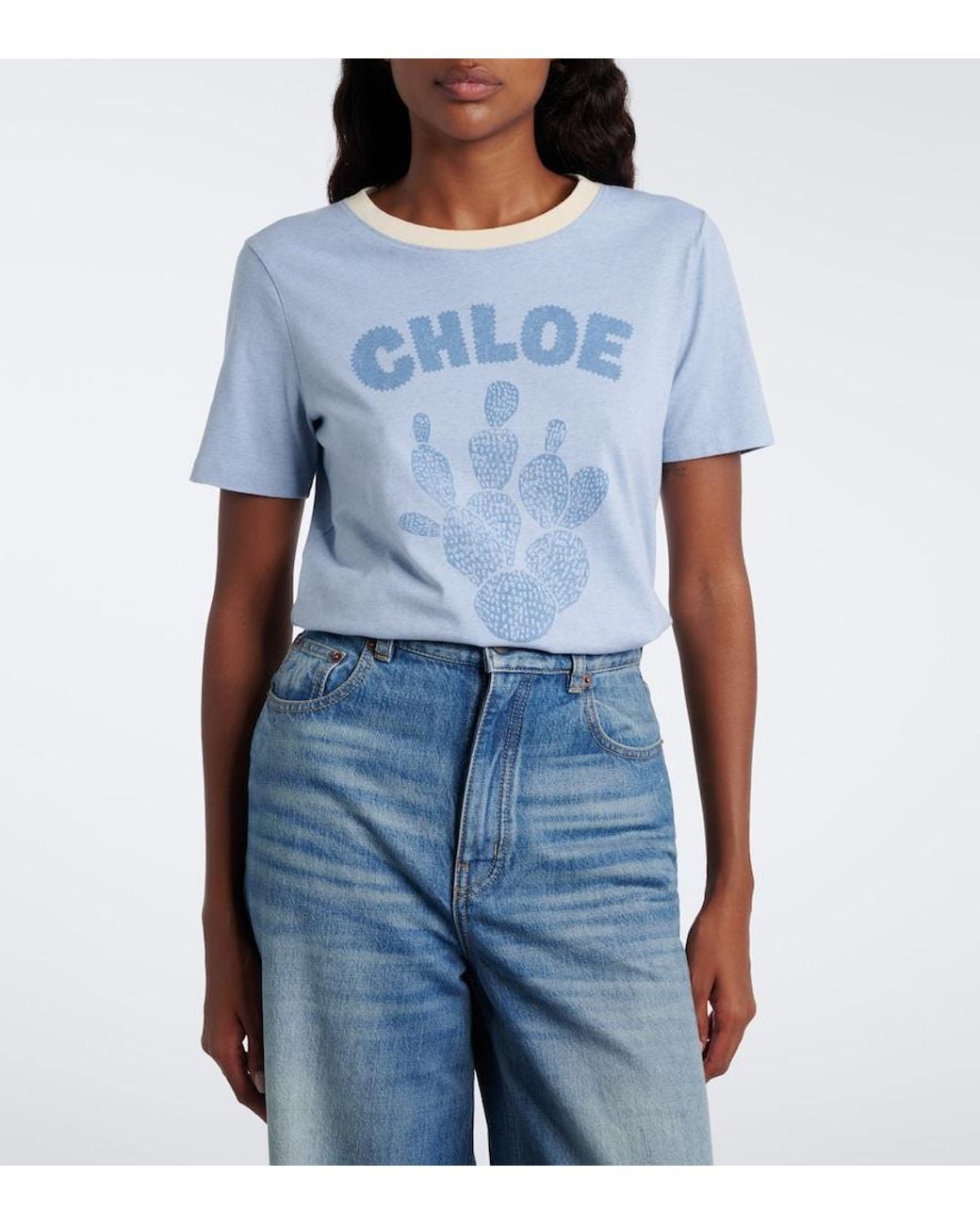Chloé Blue Logo Printed Cotton Jersey T-Shirt