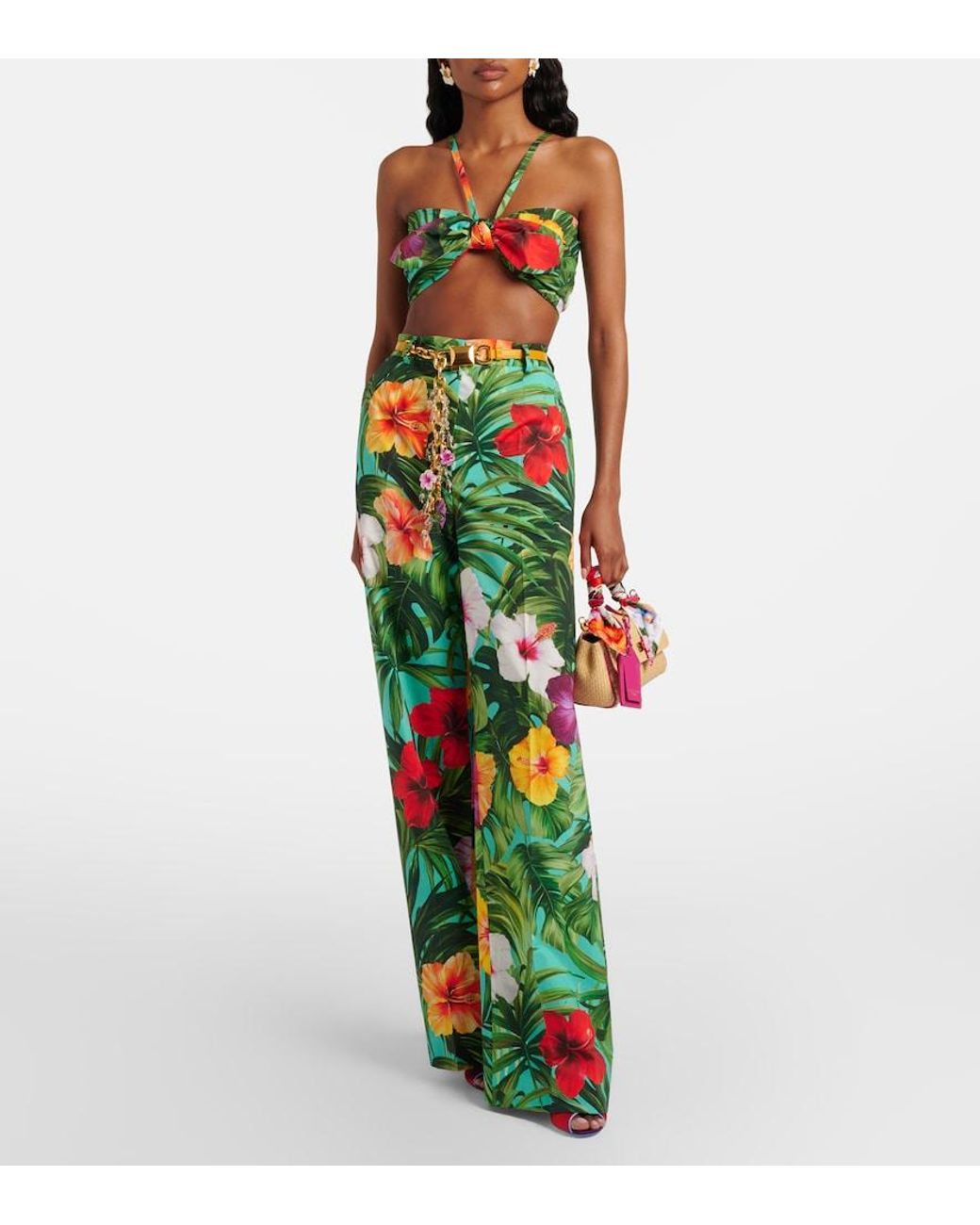 Dolce & Gabbana Green Floral Cotton Wide-Leg Pants