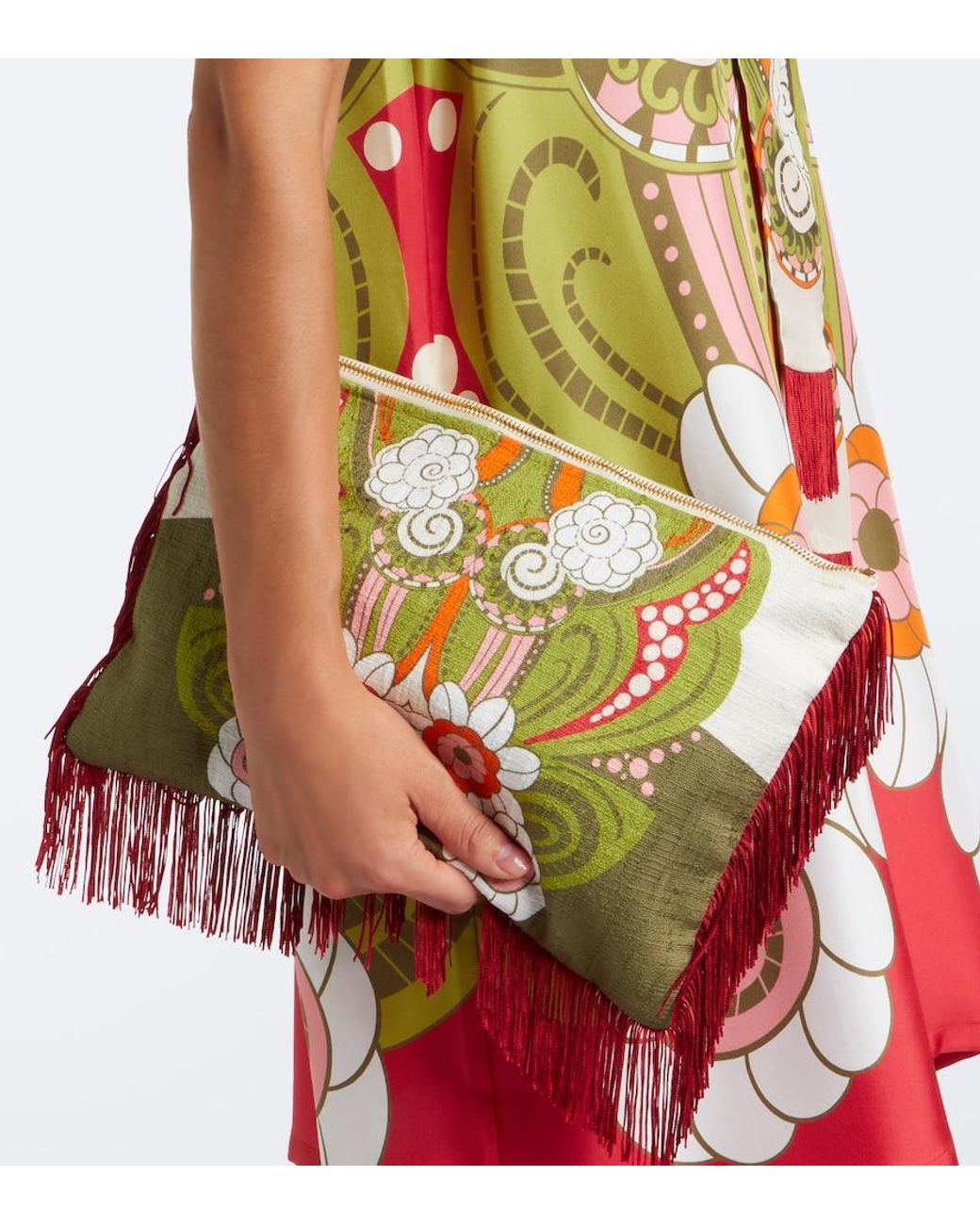 LaDoubleJ Green Fringed Printed Cotton Canvas Pouch