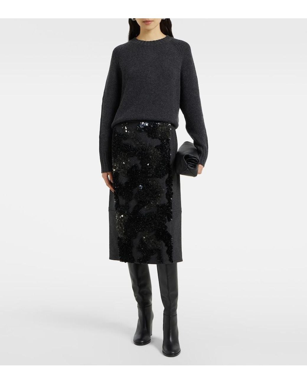 Plan C Black Sequined Wool-Blend Midi Skirt
