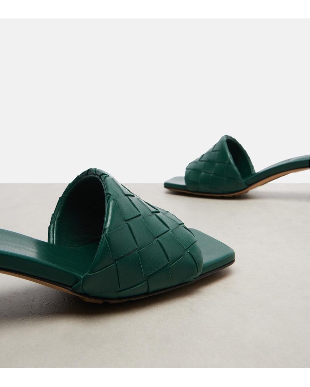 Bottega Veneta Green Parco Intrecciato Leather Mules