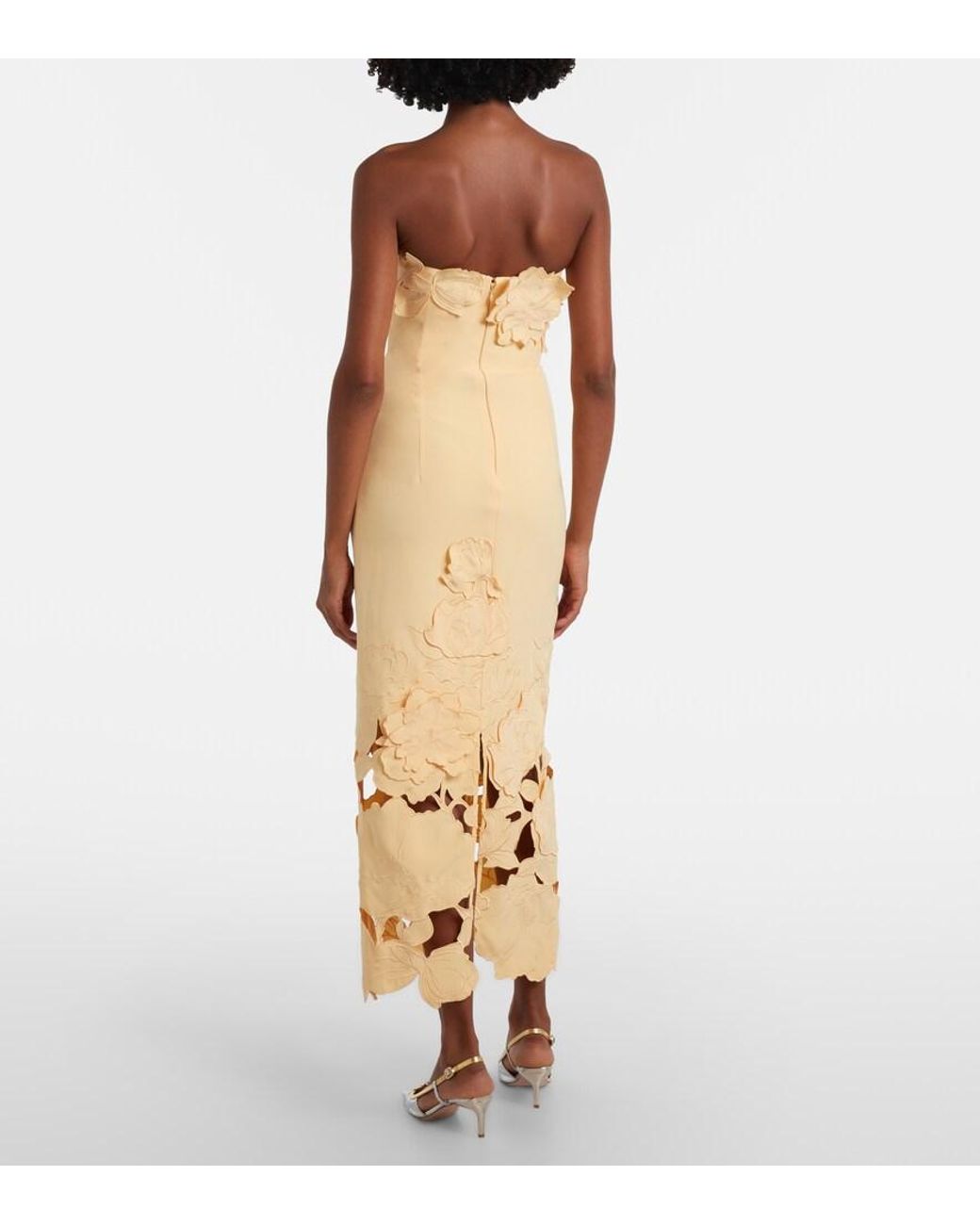 LEO LIN Metallic Rayna Floral-Applique Strapless Midi Dress
