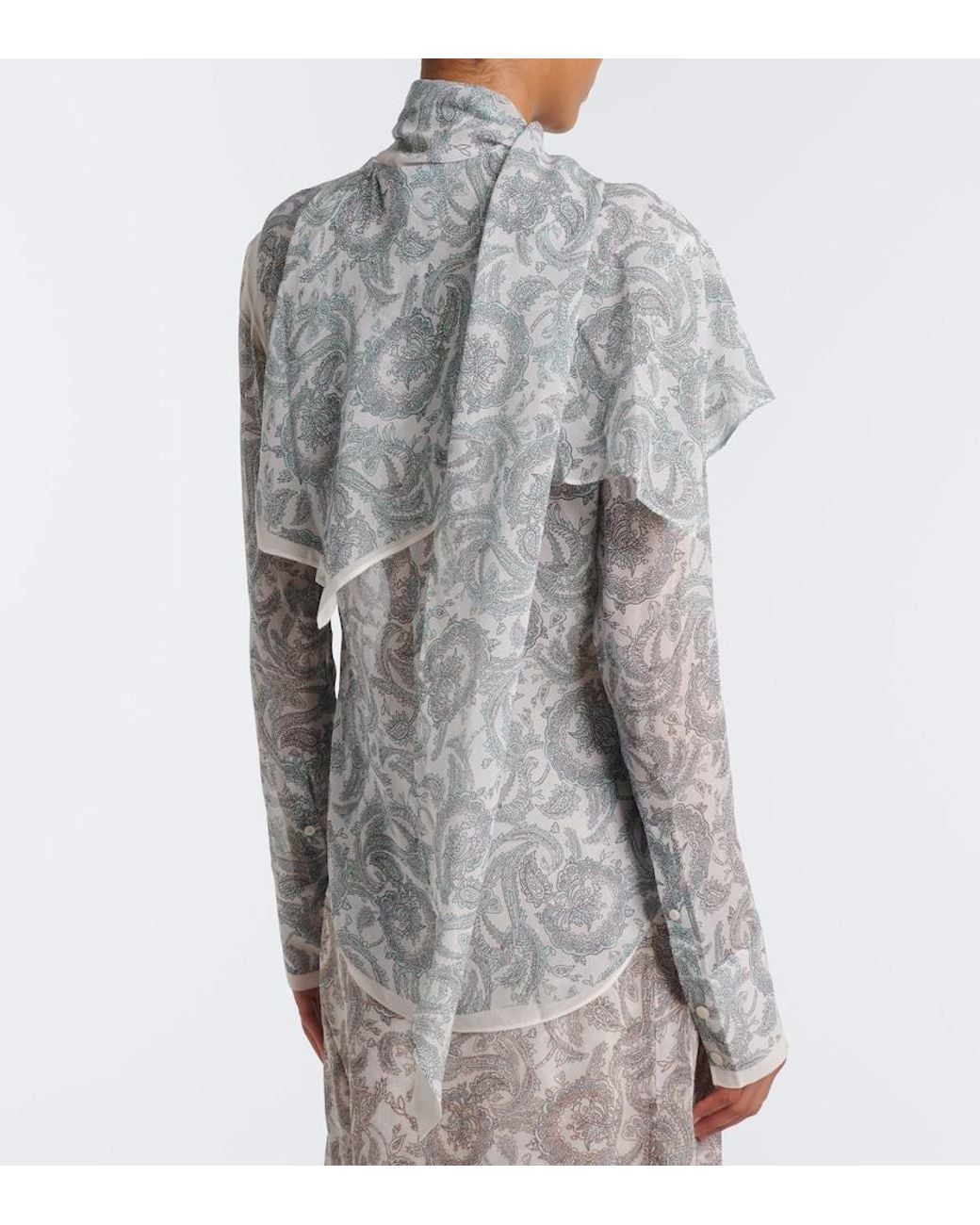 Acne Blue Caped Paisley Silk Crepe Blouse