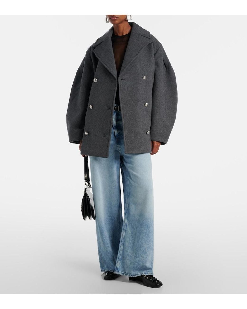 Ganni Gray Oversized Wool-Blend Peacoat