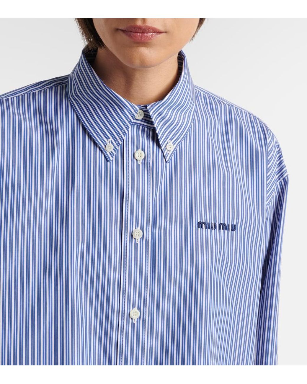 Miu Miu Blue Striped Cropped Cotton Poplin Shirt