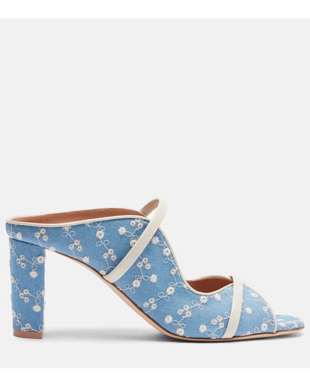 Malone Souliers Blue Norah 70 Leather-Trimmed Denim Mules