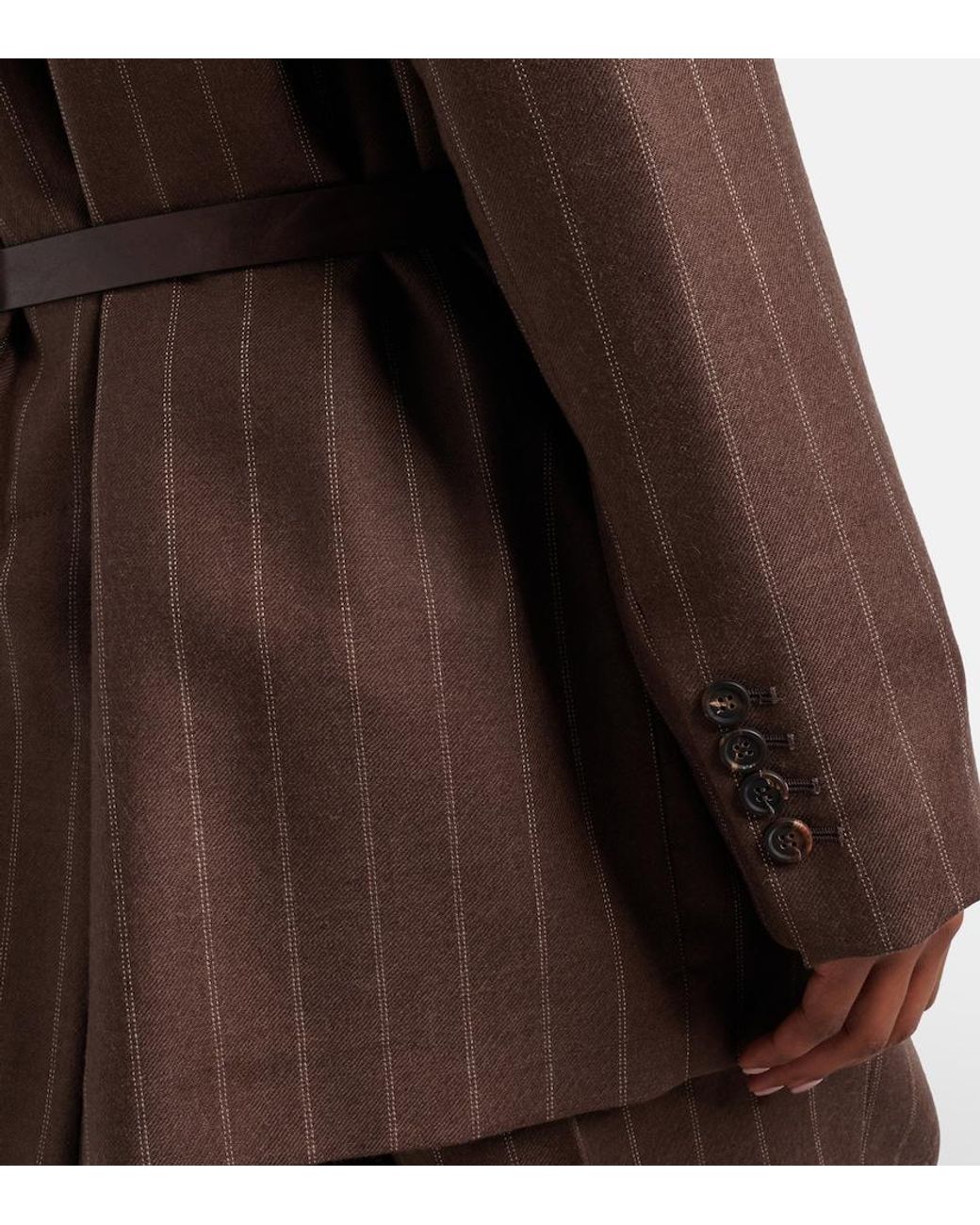 Brunello Cucinelli Brown Belted Pinstriped Virgin Wool Blazer
