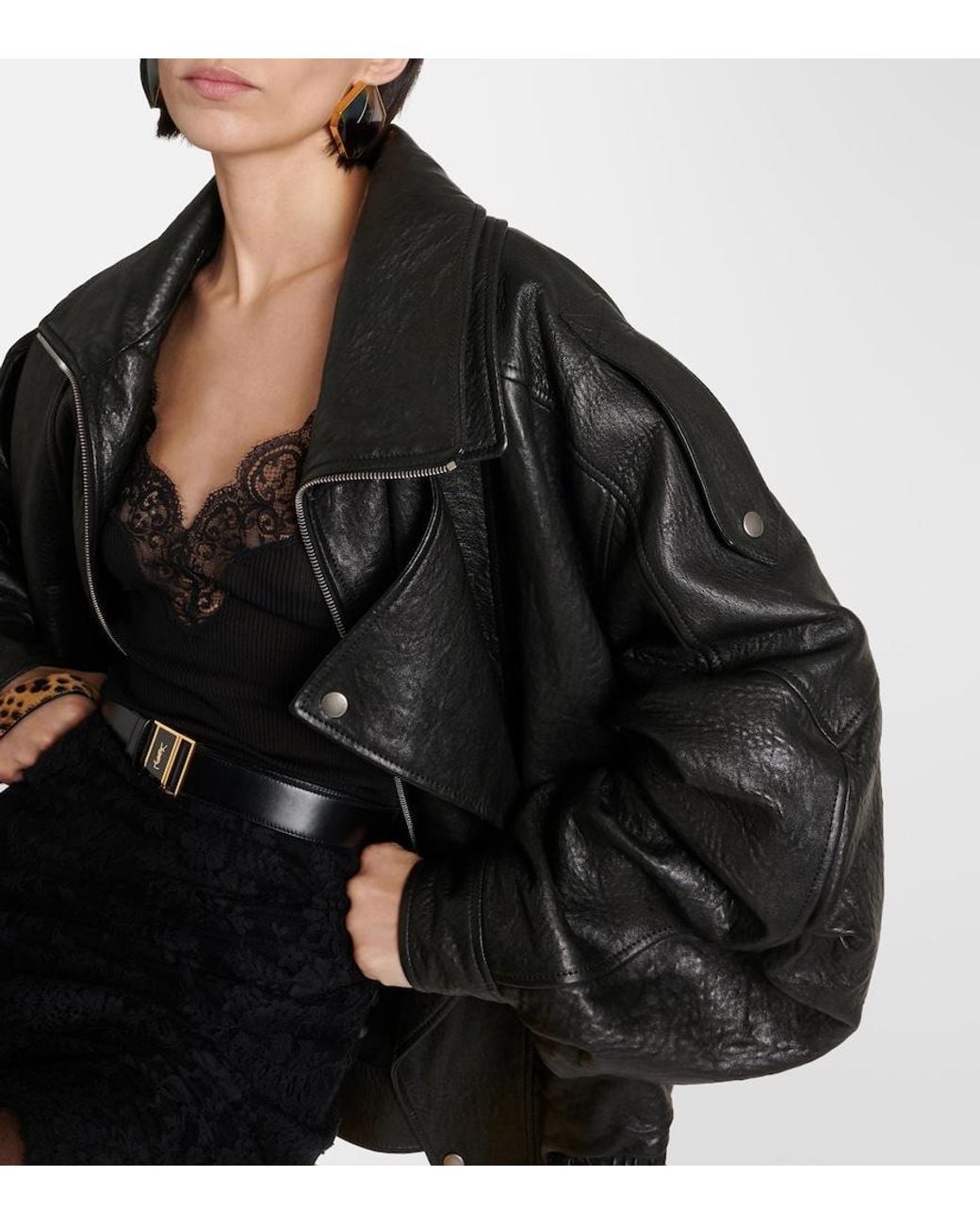 Saint Laurent Black Oversized Leather Bomber Jacket