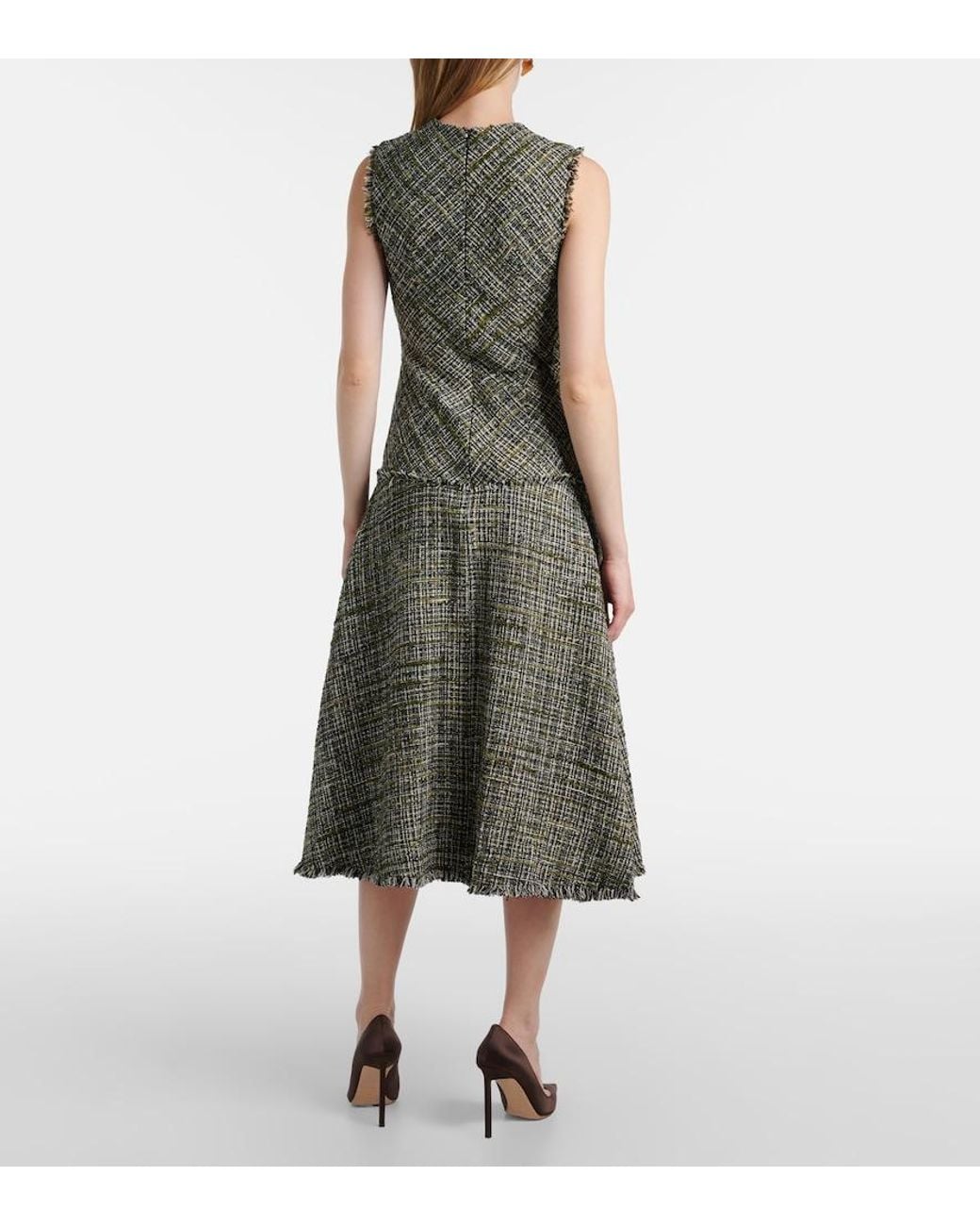 Erdem Green Draped Tweed Midi Dress