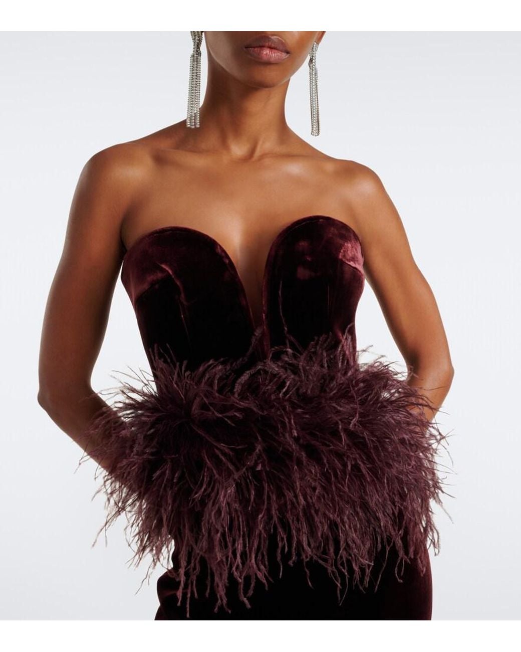 The New Arrivals Ilkyaz Ozel Black Feather-Trimmed Velvet Bustier Gown