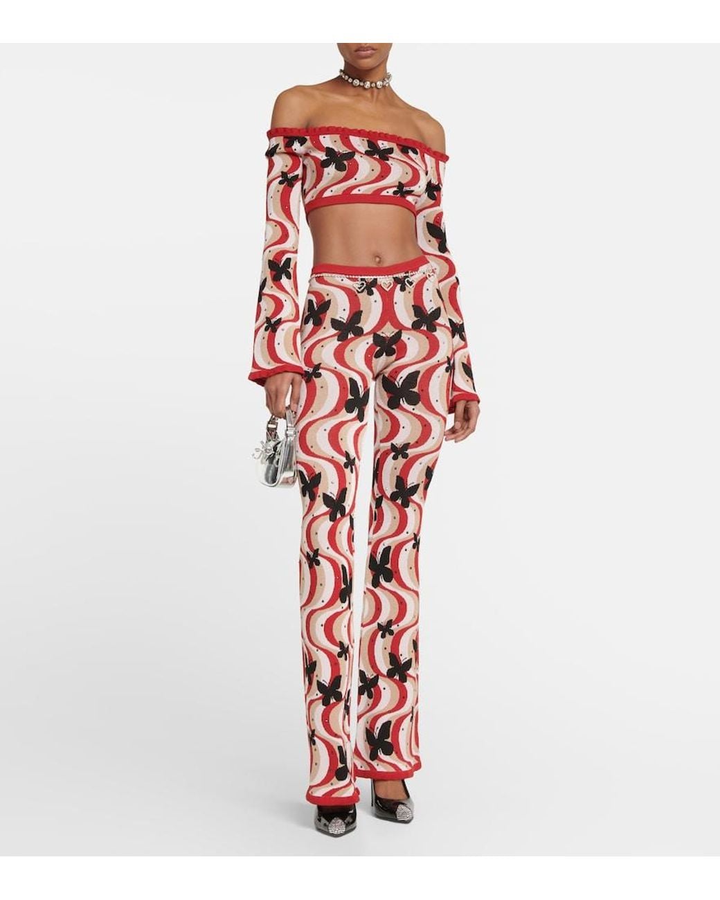 Alessandra Rich Red Printed Bandeau Cropped Top