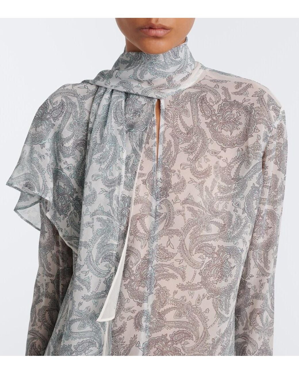 Acne Blue Caped Paisley Silk Crepe Blouse