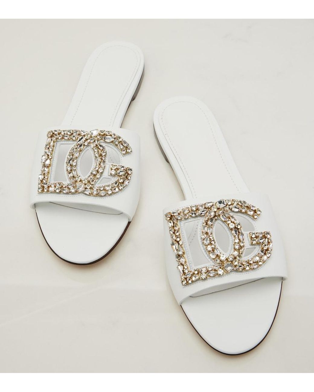 Dolce & Gabbana White Dg Embellished Leather Slides