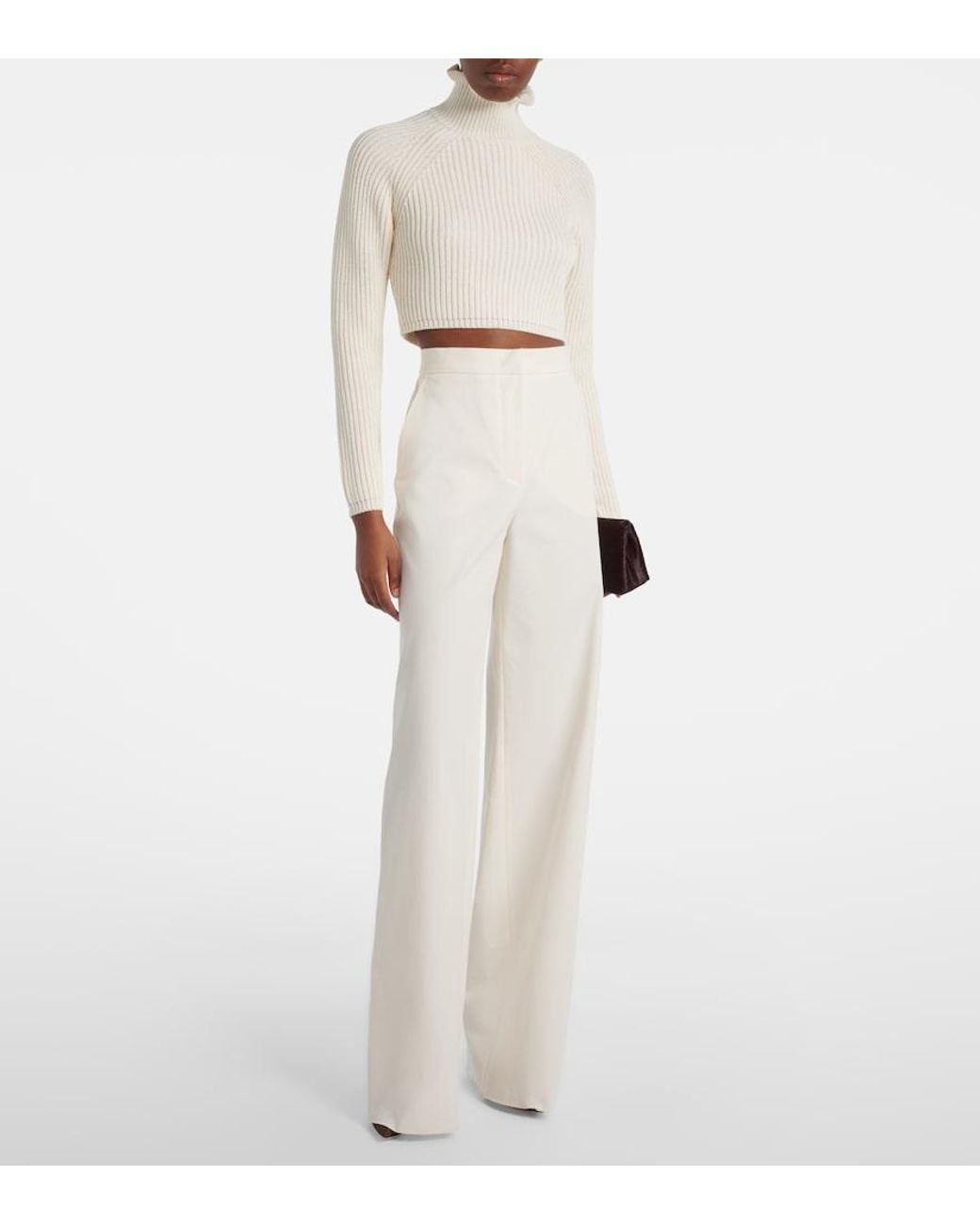 Max Mara White Campo Ribbed-Knit Cropped Turtleneck Sweater