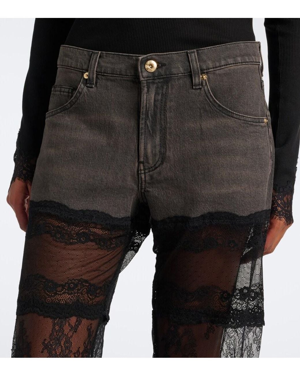 Blumarine Gray Lace-Trimmed Wide-Leg Jeans