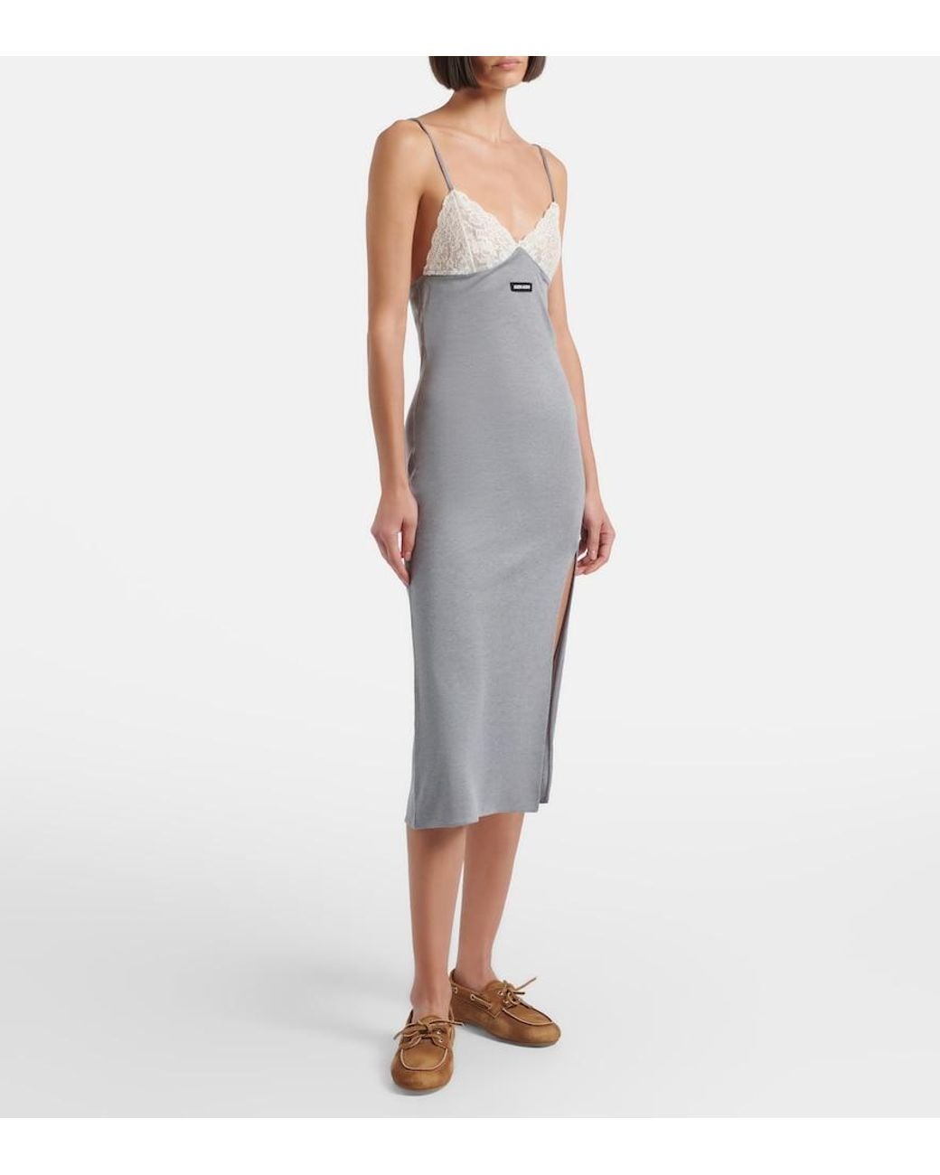 Miu Miu Gray Lace-Trimmed Silk Jersey Midi Dress