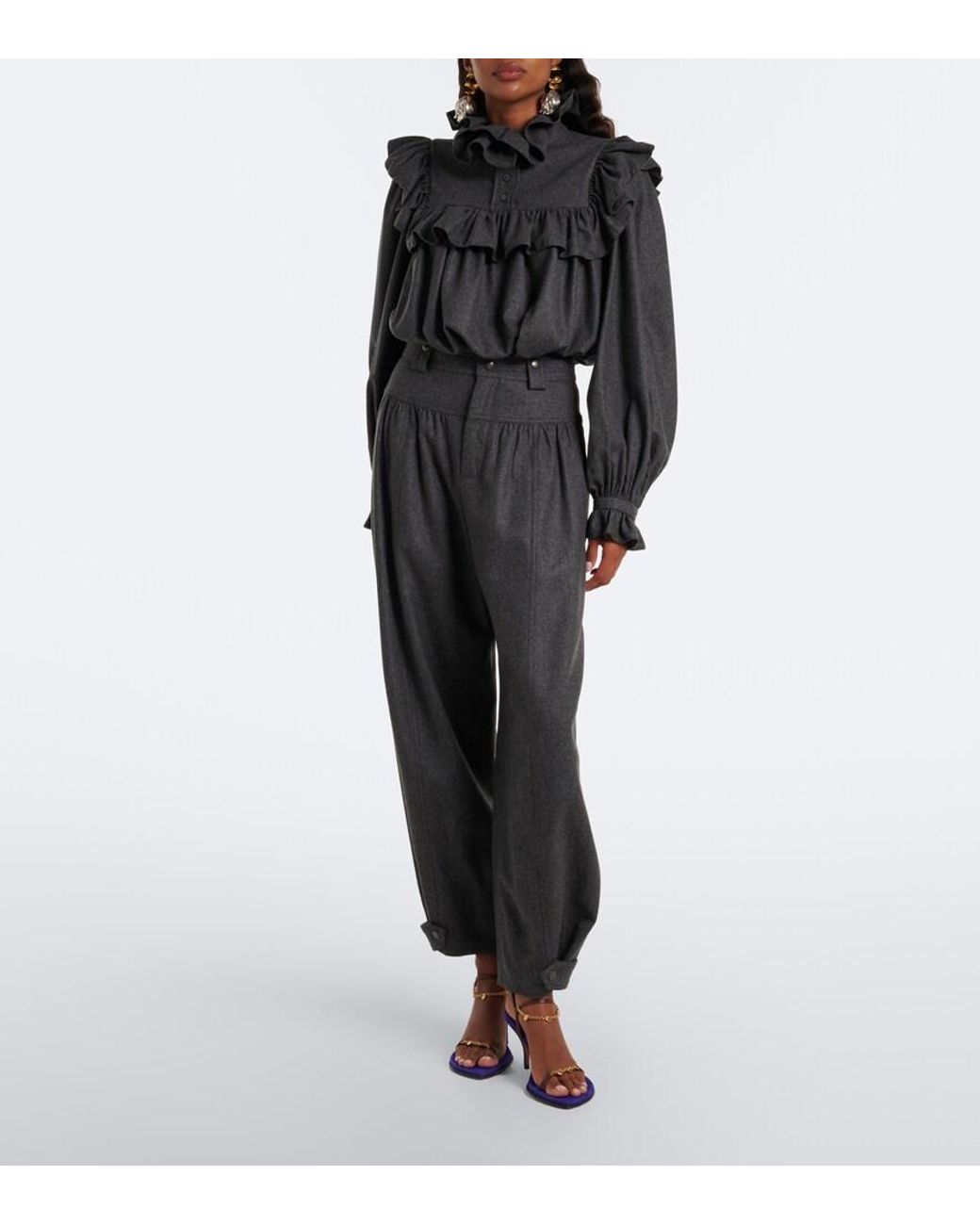 Chloé Black Ruffled Wool And Cashmere Flannel Blouse
