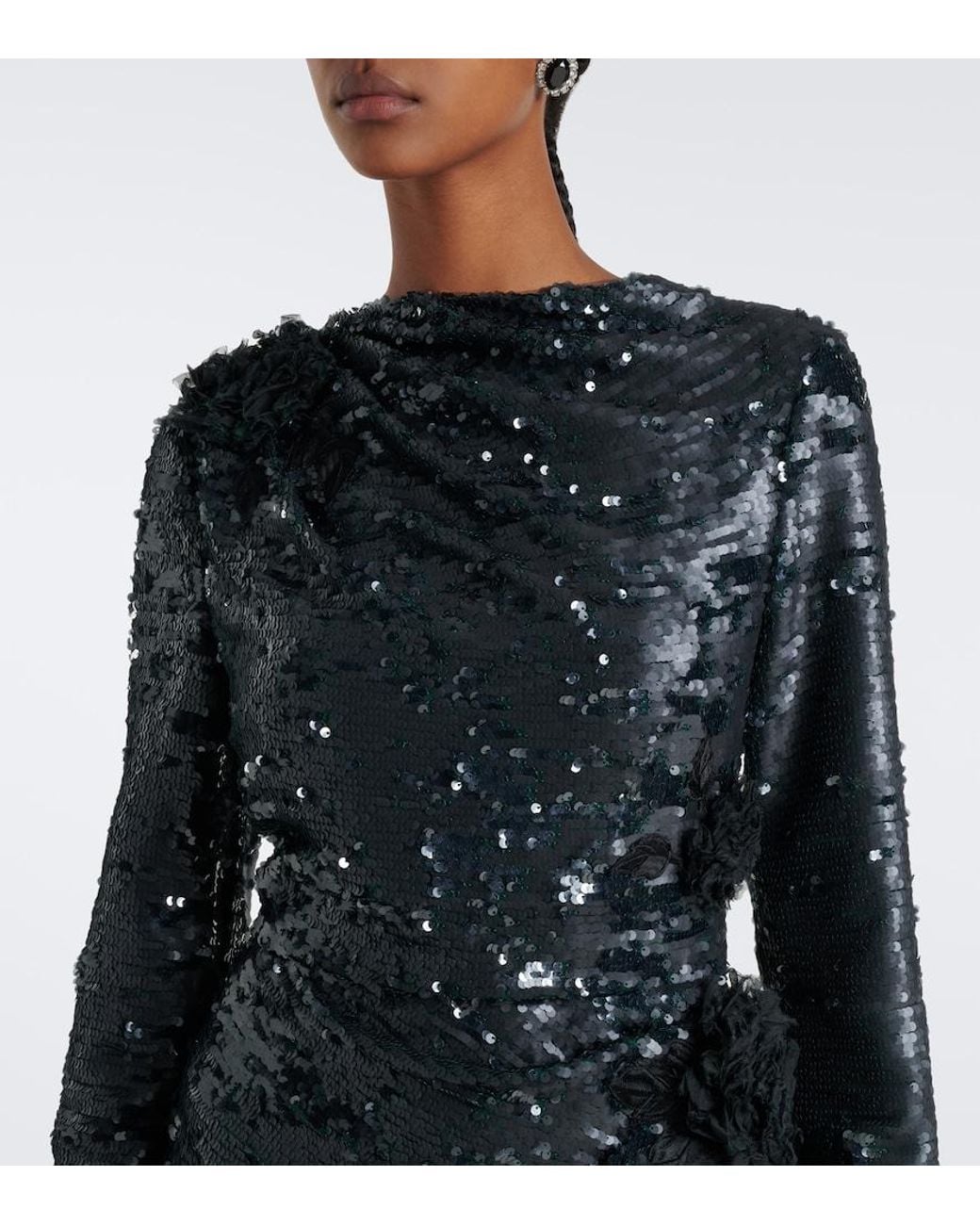 Erdem Black Draped Floral-Applique Sequined Gown