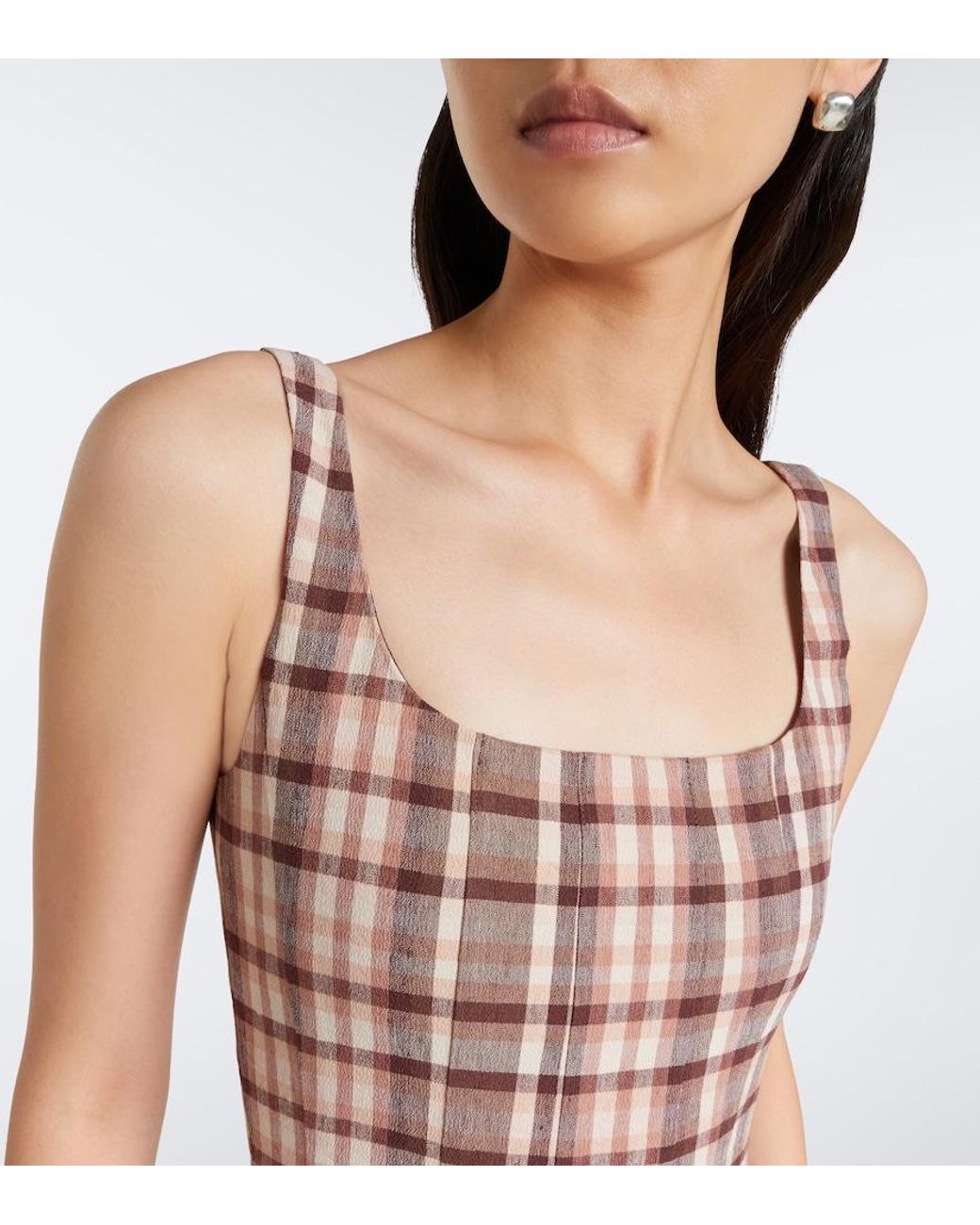 Staud Brown Wells Checked Linen-Blend Midi Dress