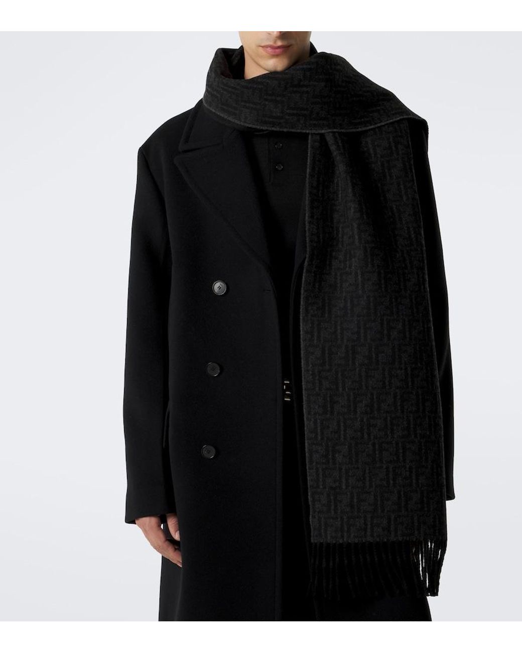 Fendi Black Zucca Jacquard Wool And Cashmere Scarf for men