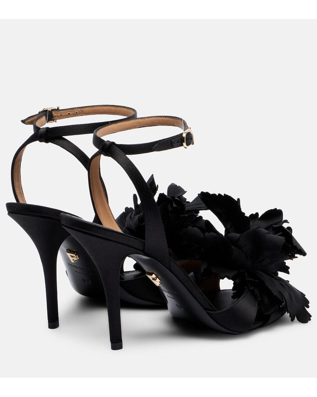 Ferragamo Black Ghilly 95 Floral-Applique Satin Sandals