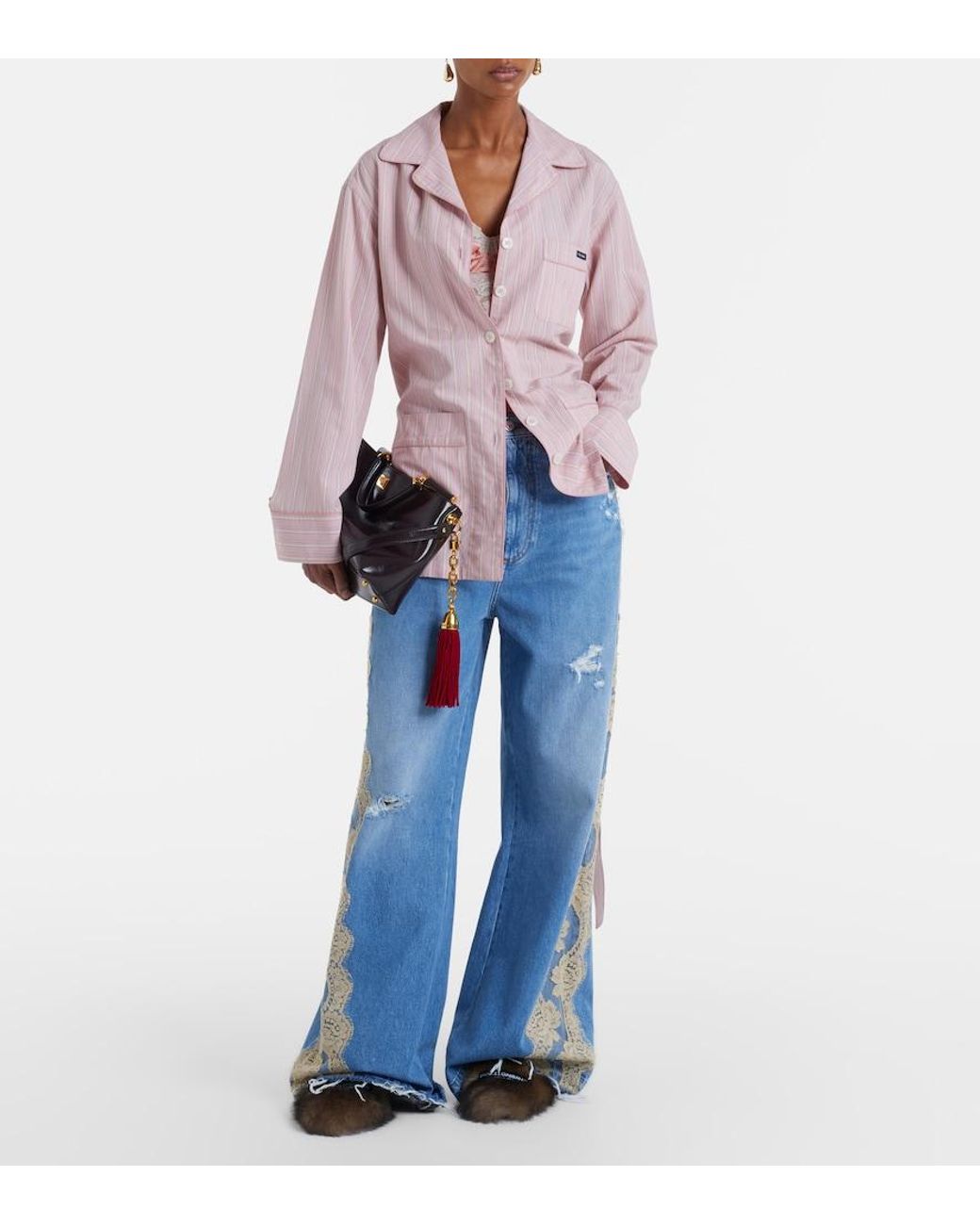 Dolce & Gabbana Pink Belted Striped Shirt