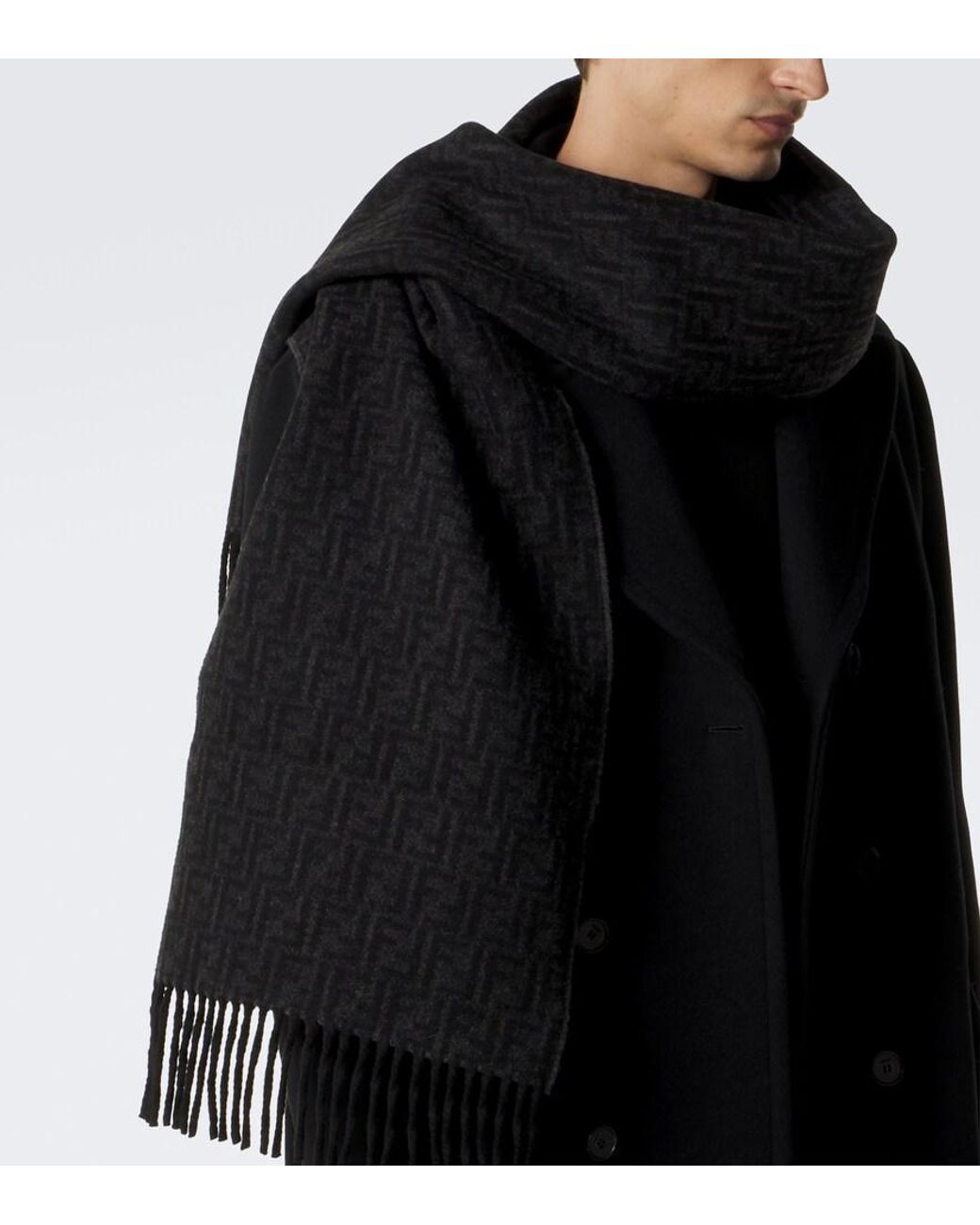 Fendi Black Zucca Jacquard Wool And Cashmere Scarf for men