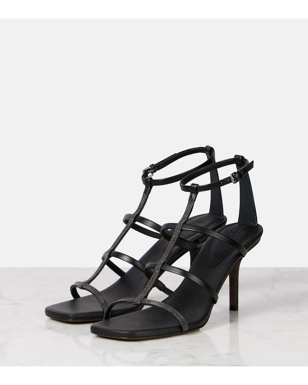 Brunello Cucinelli Black Leather Embellished Sandals 80