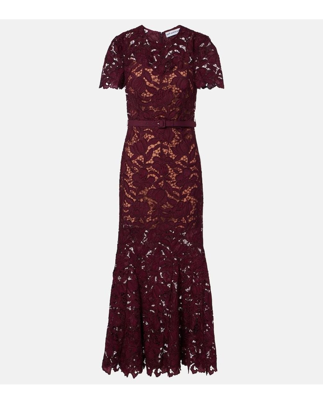 Self-Portrait Purple Belted Floral Guipure Lace Midi Dress
