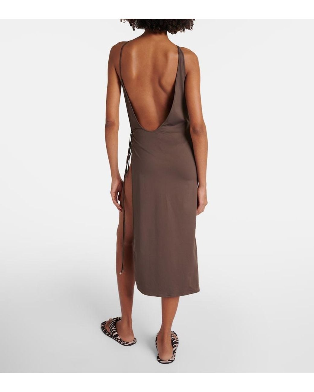 The Attico Brown Side-Slit Gathered Midi Dress
