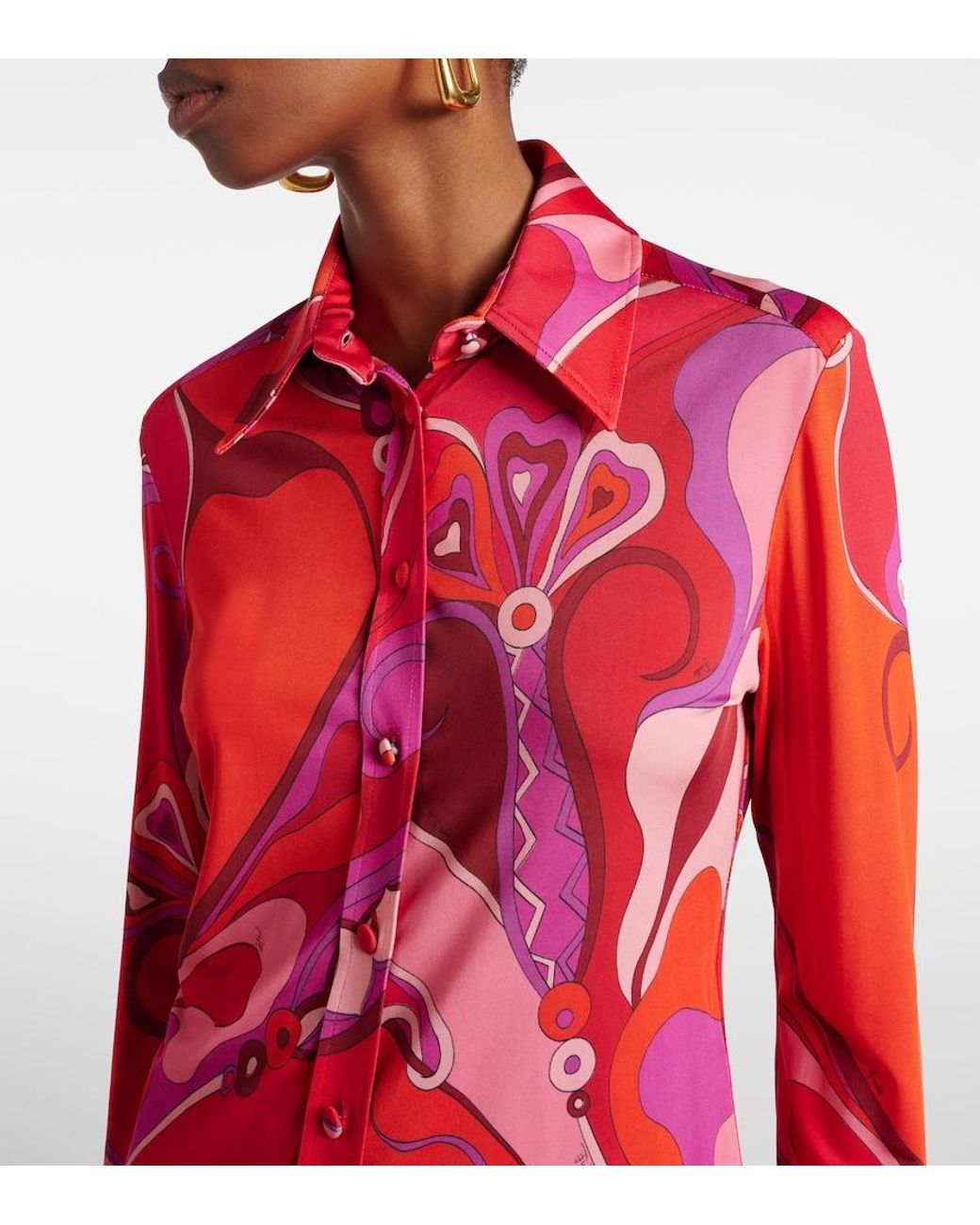 Emilio Pucci Red Printed Jersey Satin Button-Front Blouse