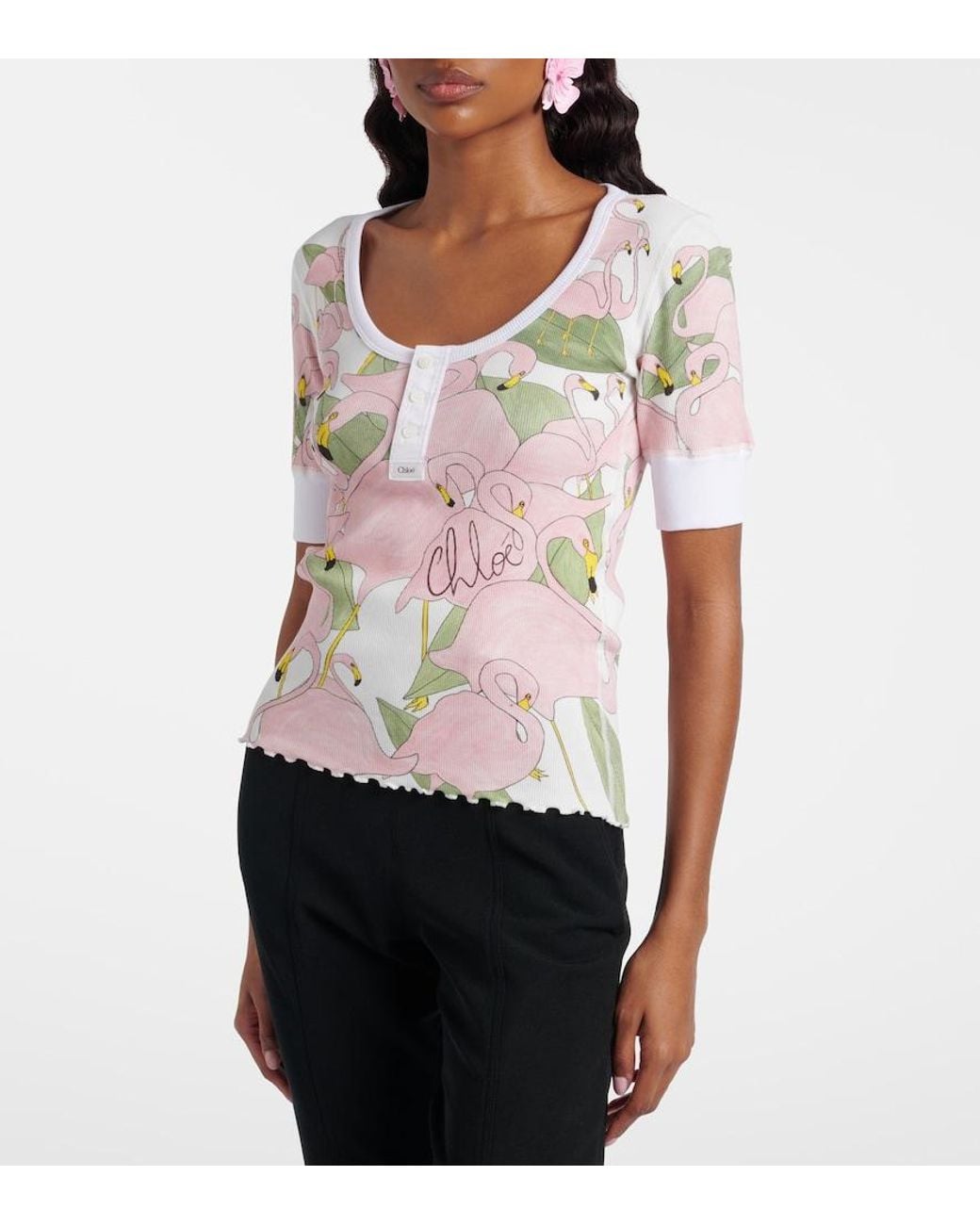 Chloé Pink Printed Cotton-Blend Henley Shirt