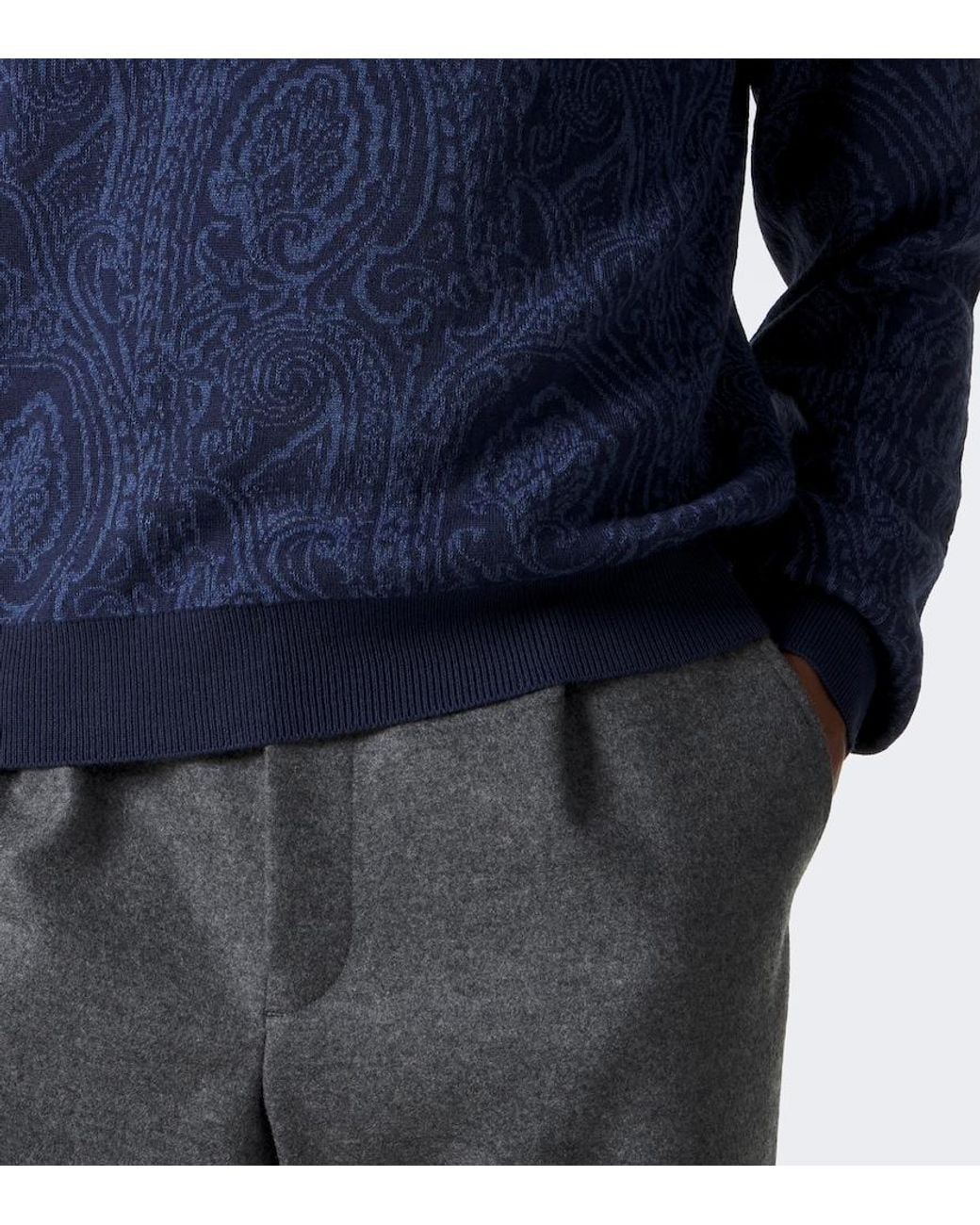 Etro Blue Paisley Wool-Blend Polo Sweater for men