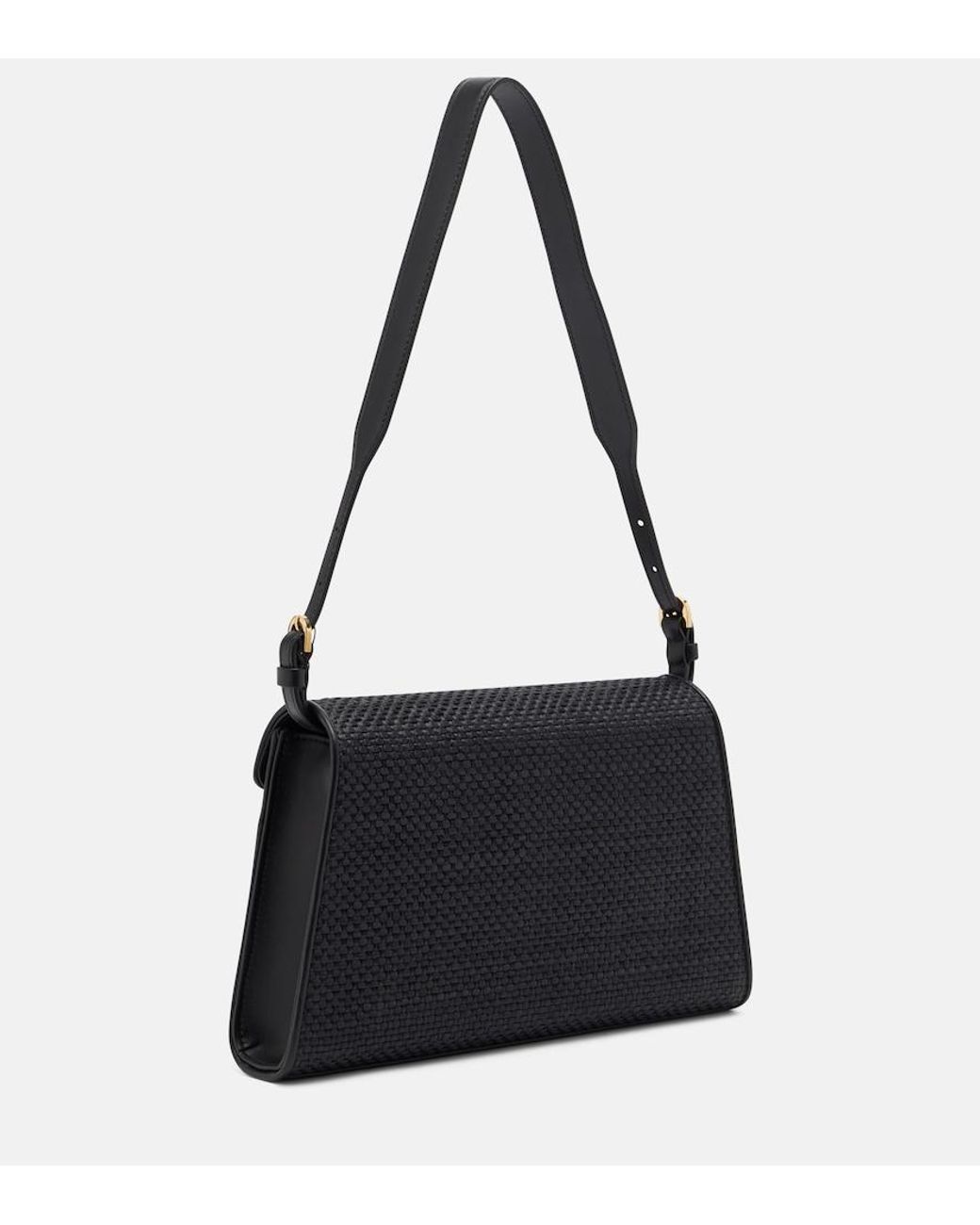 SAVETTE Black Symmetry Leather-Trimmed Raffia Shoulder Bag