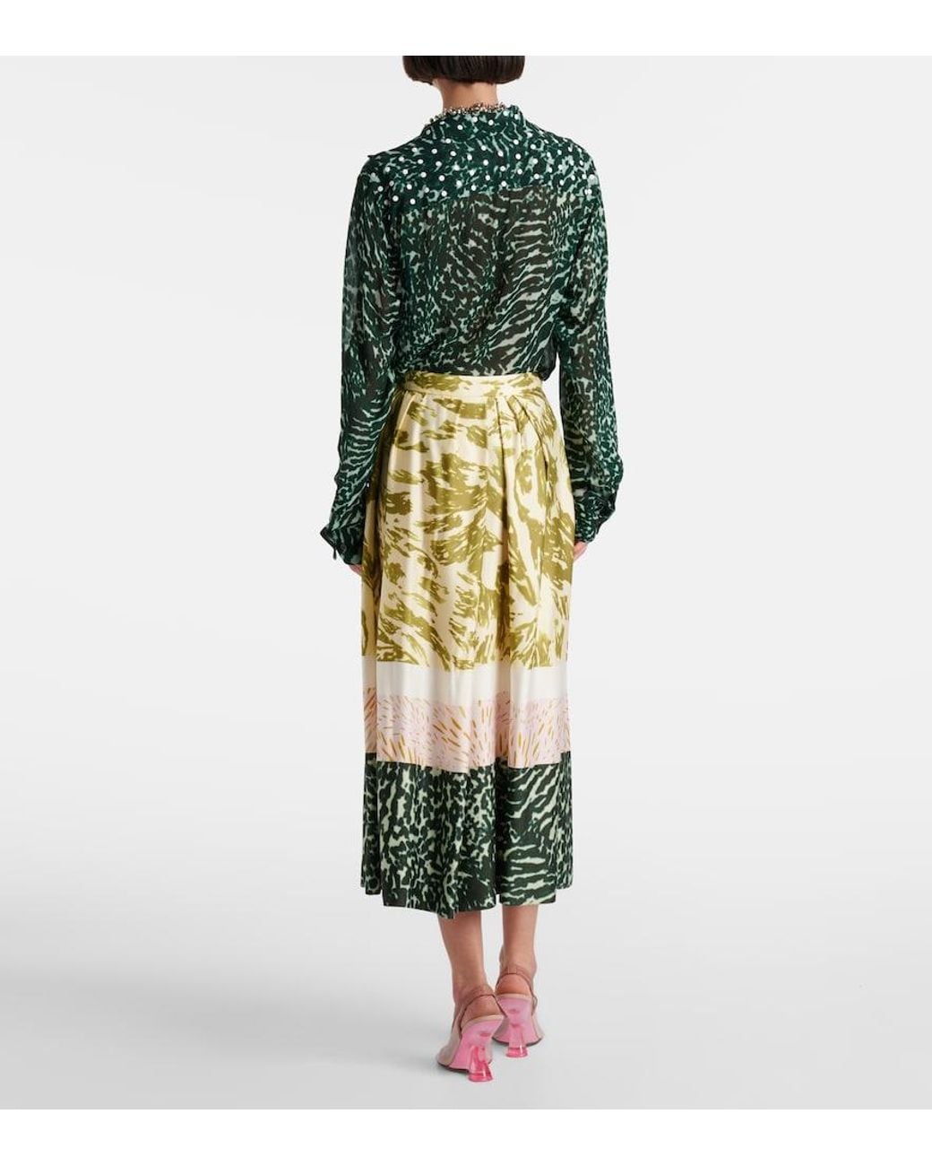 Dries Van Noten Metallic Printed Satin Midi Skirt