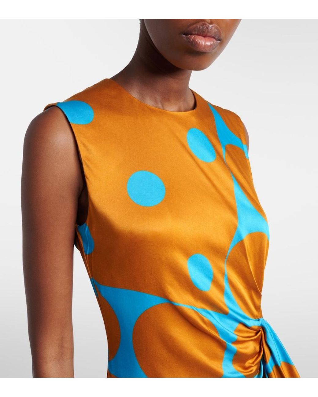 Dries Van Noten Orange Draped Printed Satin Midi Dress