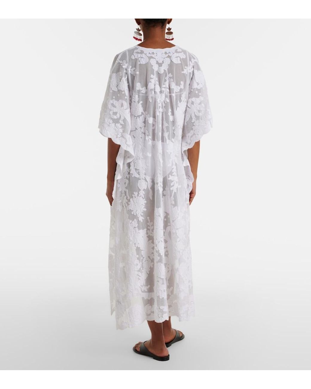 Juliet Dunn White Embroidered Sheer Cotton Kaftan