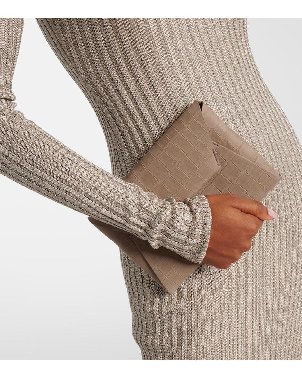 Brunello Cucinelli Gray Monili Ribbed-Knit Lame Maxi Dress