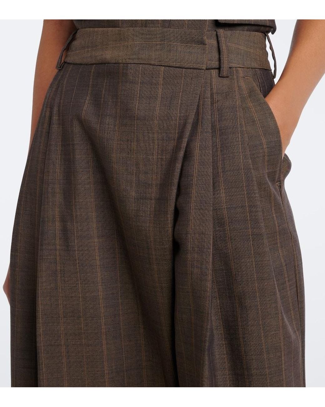 Ganni Brown Striped Pleated Wool Wide-Leg Pants