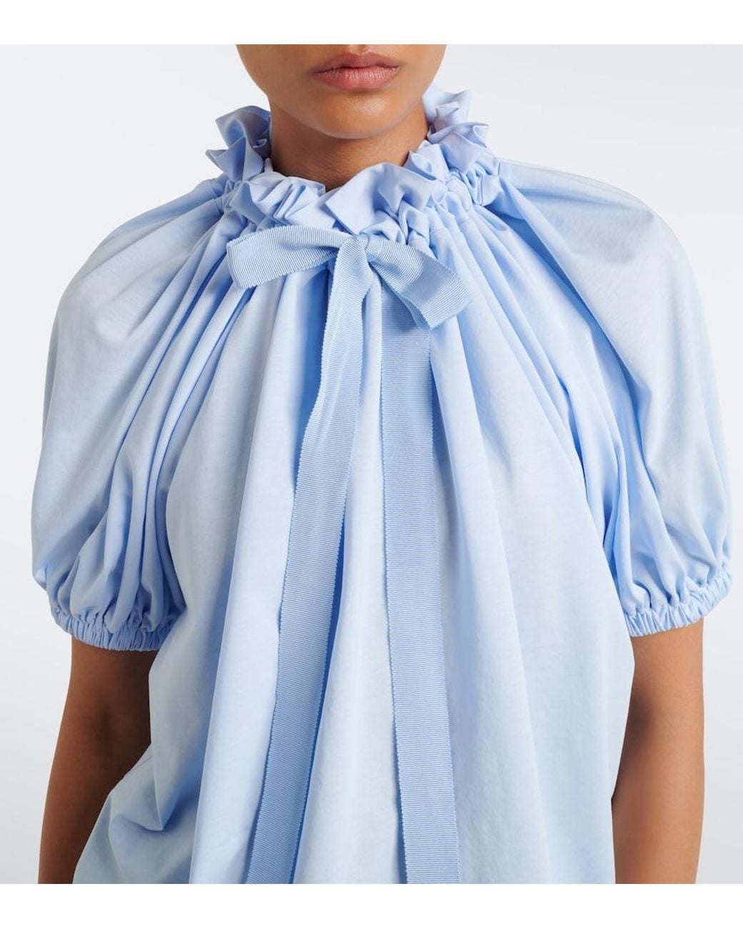 Patou Blue Bow-Detail Gathered Cotton Jersey Top