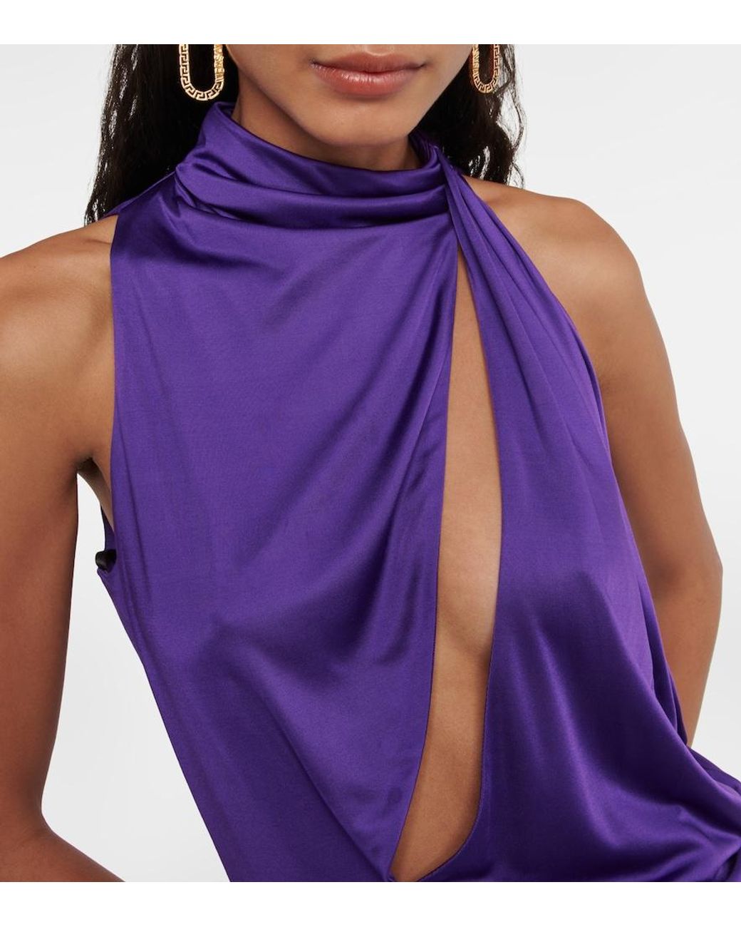 Versace Purple Cutout Turtleneck Satin Top