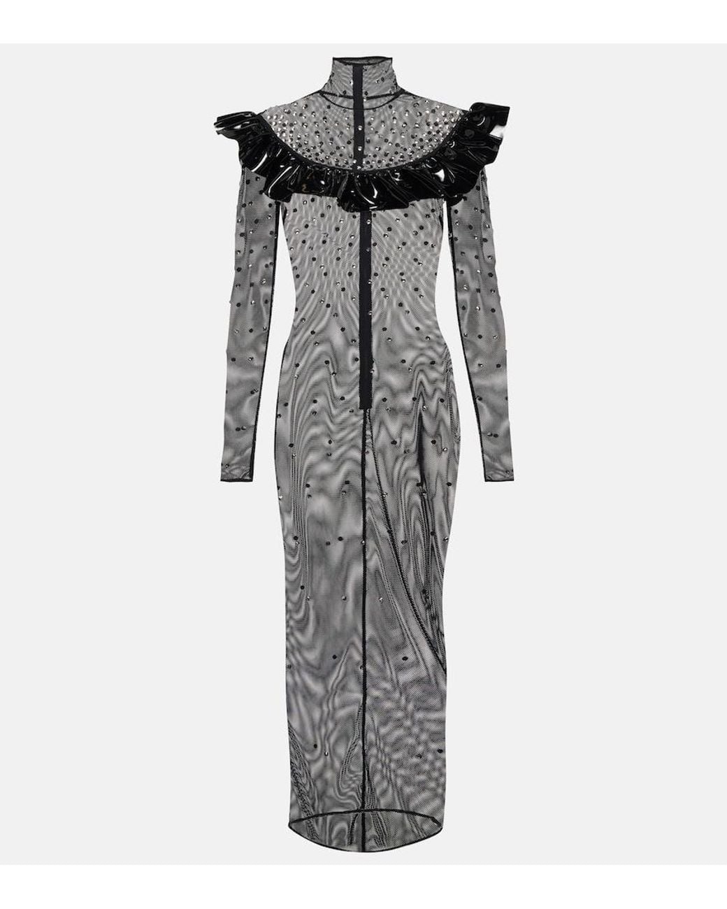 Alessandra Rich Gray Embellished Mesh Midi Dress
