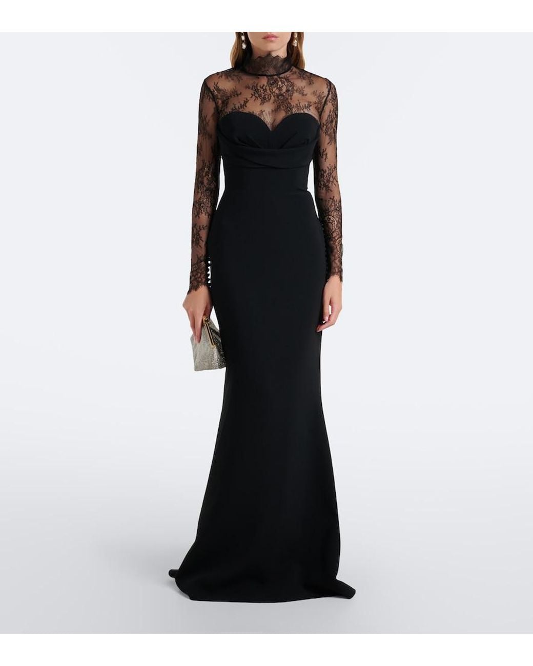 Elie Saab Black Lace-Trimmed Cady Gown