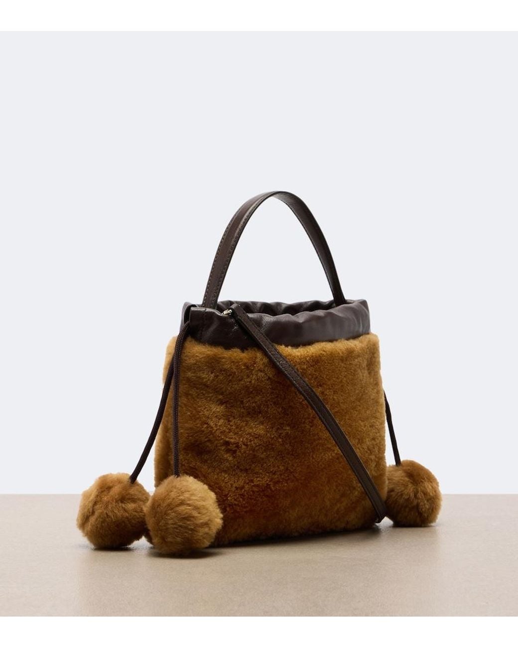 Jimmy Choo Brown Drawstring Mini Shearling Top-Handle Bag