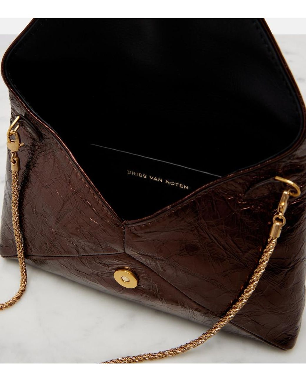 Dries Van Noten Brown Small Metallic Leather Clutch